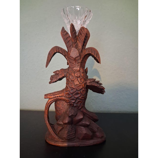 Masterpiece vase holder ,walnut wood ,with frontal sculpture of a Fox and behind a Annanas fruit, with leaves and floreal...