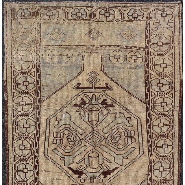 Brown Mid 20th Century Geometric Tribal Vintage Turkish Oushak Rug in Brown Cream Light Blue and Tan For Sale - Image 8 of 13