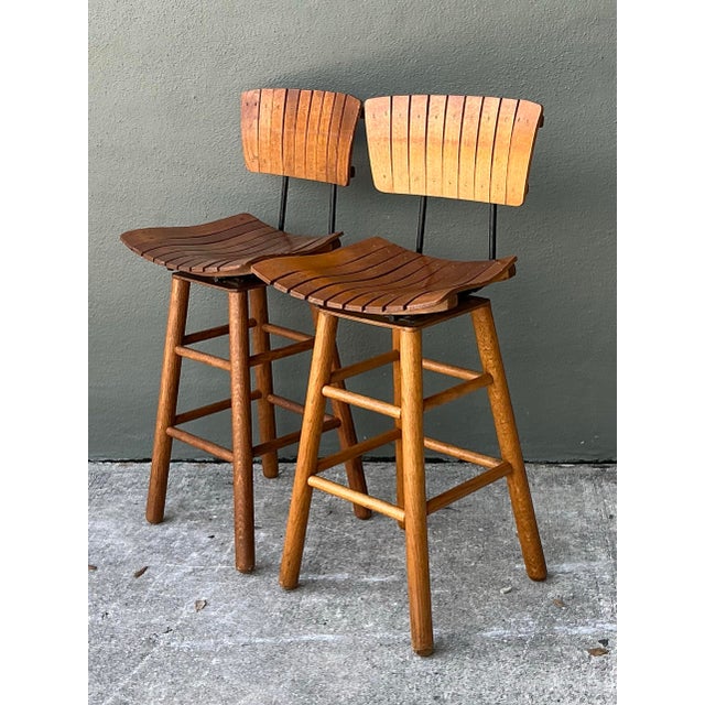 MCM Slat Back Bar Stools After Arthur Umanoff - Pair For Sale - Image 12 of 12