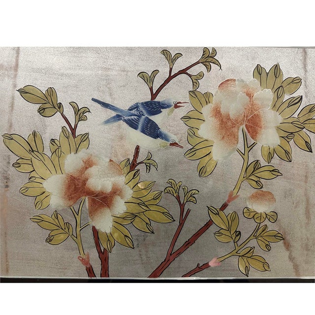 1900 - 1909 Antique Chinese Wooden/Revers Painting Glass Table Screen For Sale - Image 5 of 9