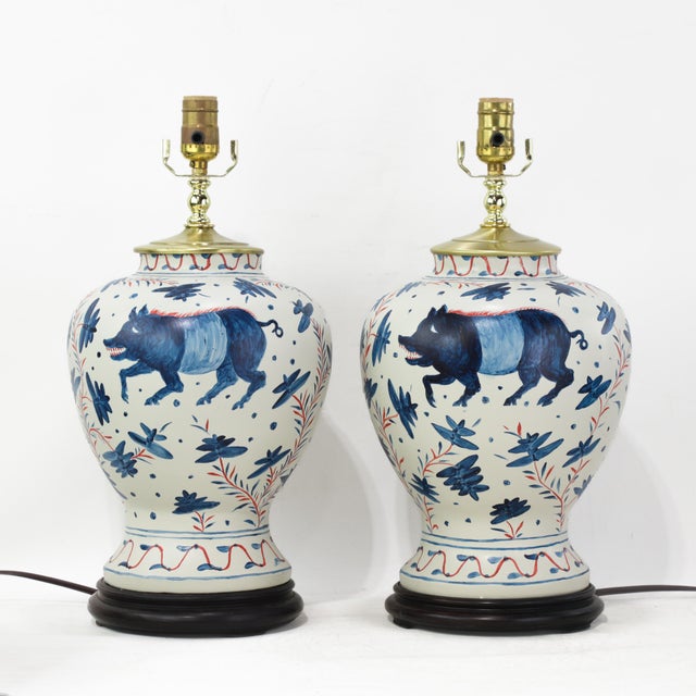 Pair of Vintage Brunschwig & Fils Cadiz Table Lamps - Blue and Cream Ceramic With Boar and Deer Motif For Sale - Image 15 of 15