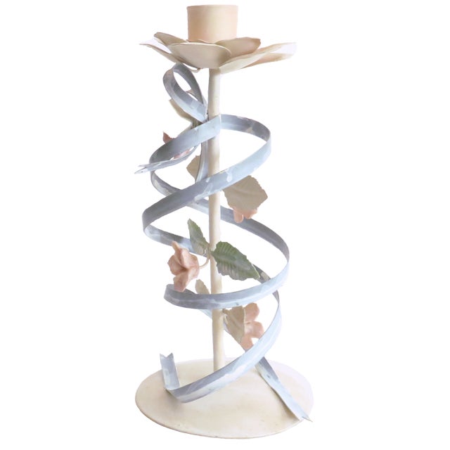 Charming and wonderfully romantic, this pair of Italian mid-century tole candlesticks features a whimsical blue-gray,...