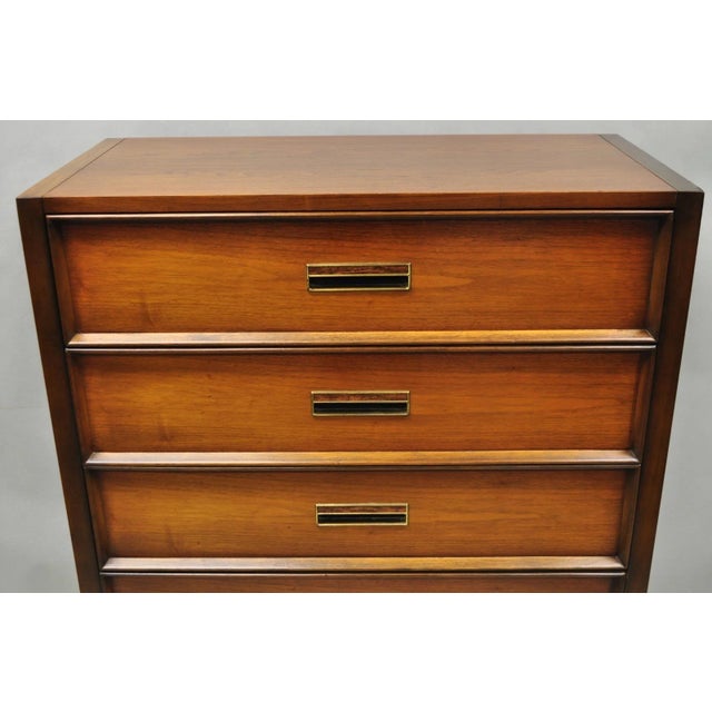 Mid-Century Modern Vintage Drexel Mid Century Modern Walnut 5 Drawer Tall Chest Dresser Highboy For Sale - Image 3 of 18