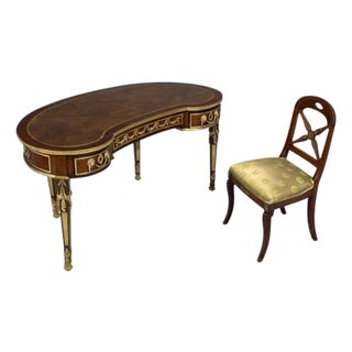 Guillaume Grohé, Kidney Shaped Desk and Chair, Leather, Bronze, France, 19th C. For Sale