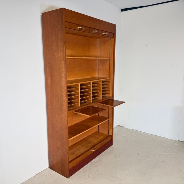 Mid-Century Modern Mid-Century Modern Vintage Oak Tambour Secretary Cabinet, Germany, 1960s For Sale - Image 3 of 16
