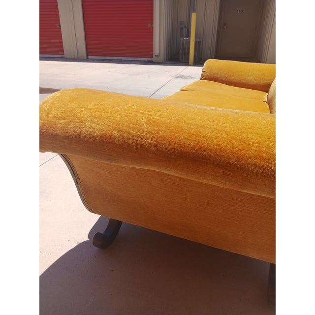 Vintage Victorian Camelback Duncan Phyfe Style Gold Velvet Sofa For Sale - Image 12 of 13