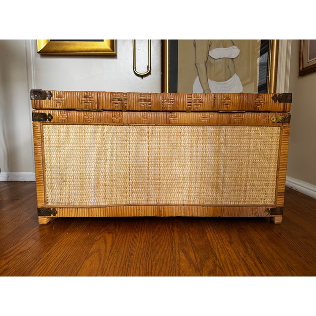 Tan Vintage Asian Woven Rattan & Bamboo Blanket Chest With Brass Hardware For Sale - Image 8 of 12