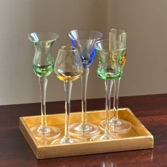 Vintage Hand-Blown Cordial / Liqueur Glasses & Giltwood Tray For Sale - Image 9 of 13