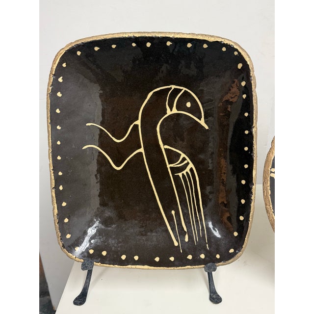 Late 20th Century Hand Painted Ceramic Platters + Stands, Set of Three For Sale In San Francisco - Image 6 of 12