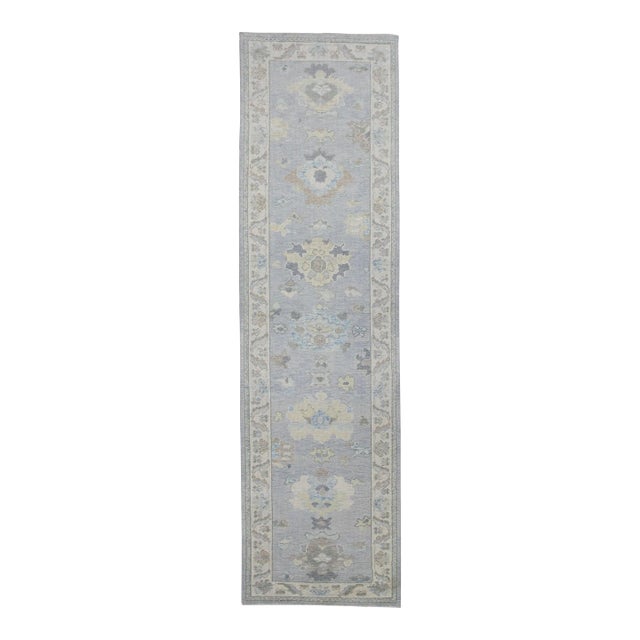 Early 21st Century Blue & Green Floral Design Handwoven Wool Turkish Oushak Rug 2'9" X 10' For Sale