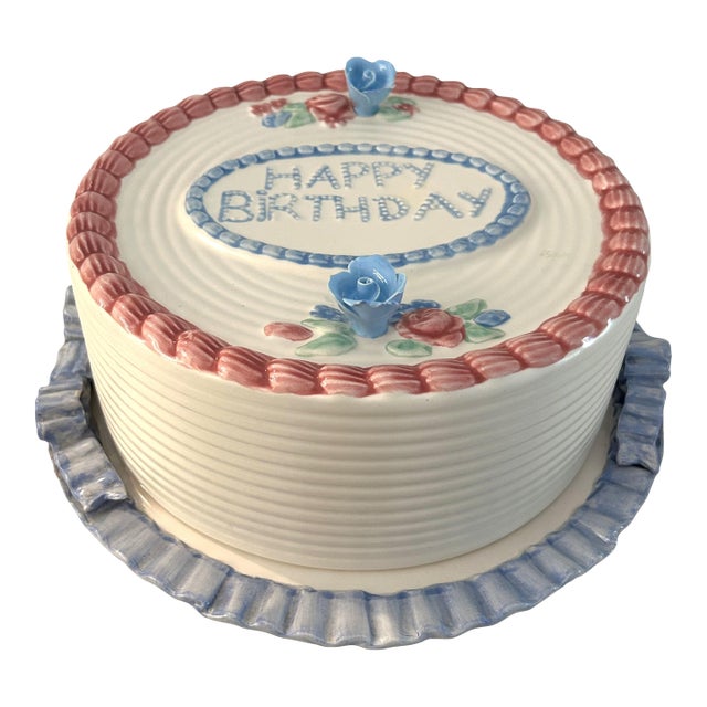Vintage Traditional Ceramic "Happy Birthday" Domed Pedestal Cake Plate For Sale