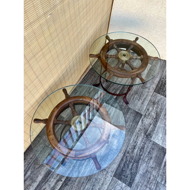 A Pair of Vintage Handcrafted Ship's Wheel Glass Top Side Tables. Circa 1970s For Sale - Image 18 of 18