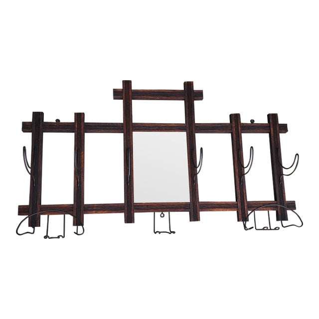 Antique Arts & Crafts Wall Coat Rack With Mirror and Hooks For Sale