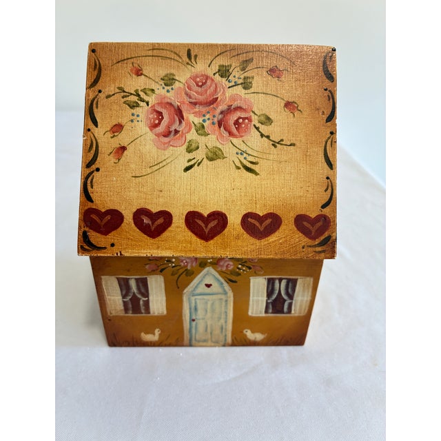 Farmhouse Hand Painted Folk Art Wooden House Box With Drawer Signed by Artist For Sale - Image 3 of 8