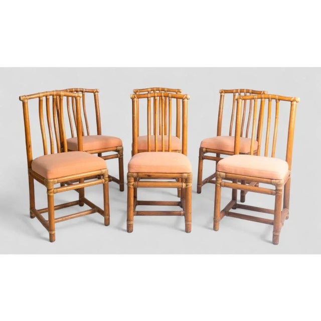 Vintage Bamboo Chairs with Peach-Colored Upholstered Seats, Set of 6 For Sale - Image 4 of 10