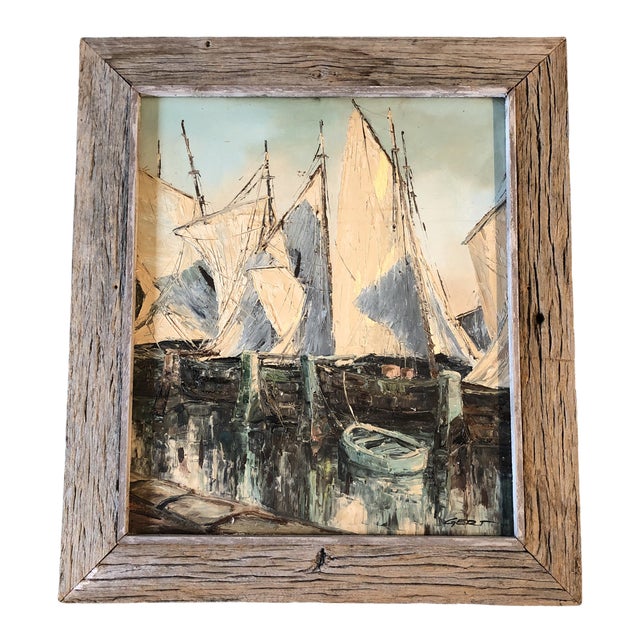 Original Vintage Sail Boats in Harbor Seascape Painting For Sale