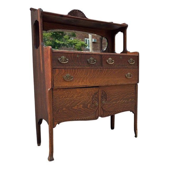 Antique Arts & Crafts Dressing Cabinet, Quarter Sawn Oak Vanity Dresser, Mission Oak Cabinet With Mirror, Tiger Oak Furniture For Sale