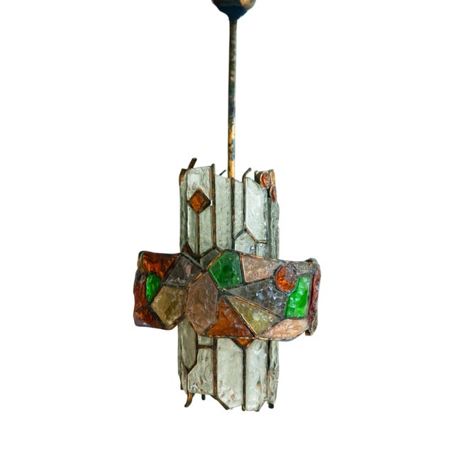 Colored Glass and Brass Chandelier attributed to Albano Poli, 1960s For Sale