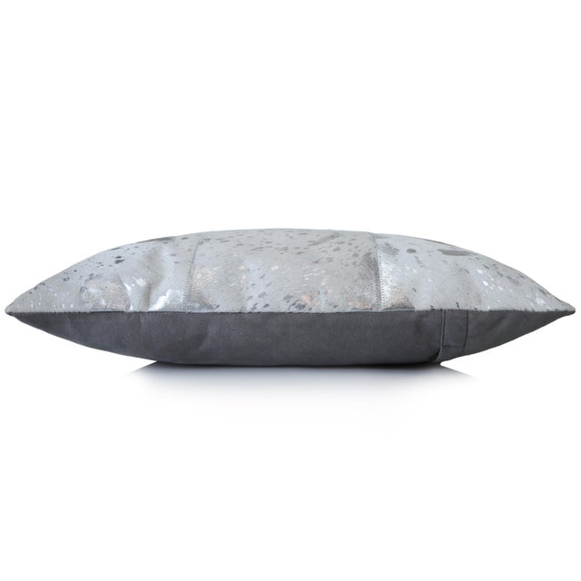 Luxury Silver Cowhide Leather Throw Pillow 16x24 | Handmade Metallic Designer Lumbar Cushion For Sale - Image 4 of 10