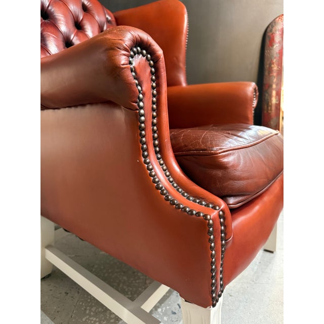 Mid 20th Century Mid-Century Scandinavian-Made Chippendale-Style Leather Windback Chair For Sale - Image 5 of 11