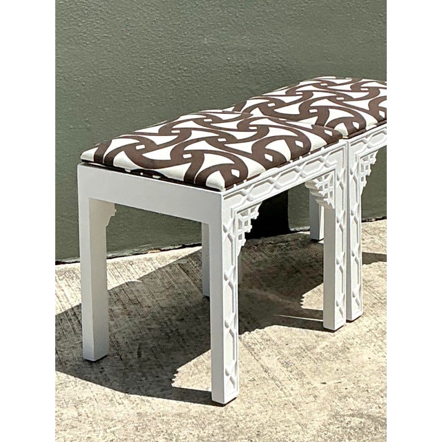 Vintage White and Brown Fretwork Upholstered Stools - A Pair For Sale - Image 10 of 12