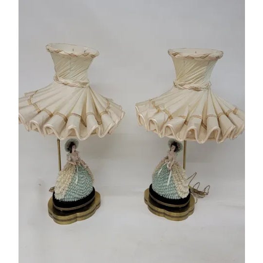 Early 20th Century Victorian Dresden Porcelain Lace Lady Boudoir Lamps - Pair For Sale - Image 10 of 11