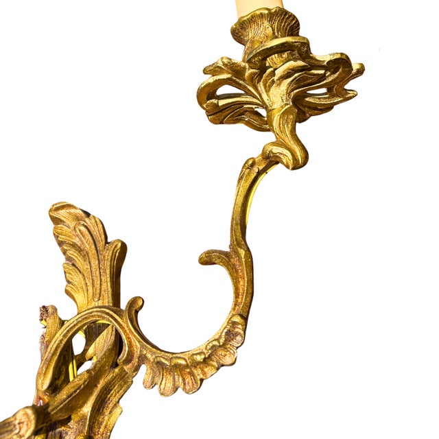 Metal Large French Louis XV Style Rococo Revival Gilt Bronze Wall Sconces, 1880s, Set of 2 For Sale - Image 7 of 8