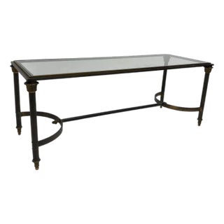 Vintage Narrow Metal Neoclassical Glass Top Coffee Table For Sale