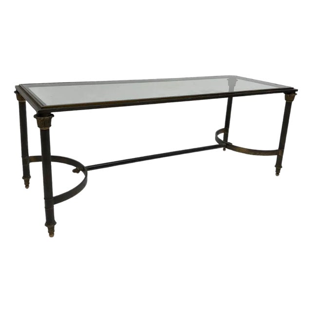 Vintage Narrow Metal Neoclassical Glass Top Coffee Table For Sale