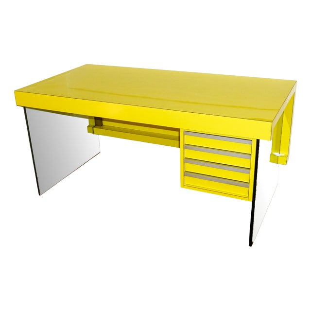 Yellow Veneer Desk with Glass Side Panels, 1980 For Sale