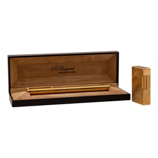 Gold-Plated Standard Lighter and Vermeil Piston Fountain Pen from S.T. Dupont, 1970s, Set of 2 For Sale