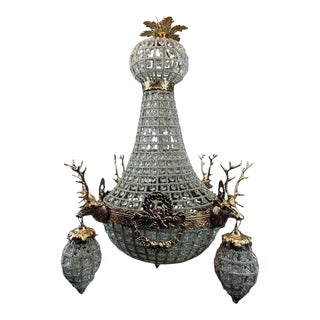 Vintage French Louis XVI Rococo Chandelier in Gold With Deer Heads/Stags Decor For Sale