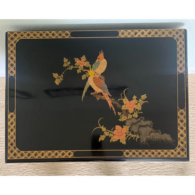 Chinoiserie Vintage Black Lacquer Chinoiserie Cabinet With Hand-Painted Birds & Raised Relief Details For Sale - Image 3 of 10
