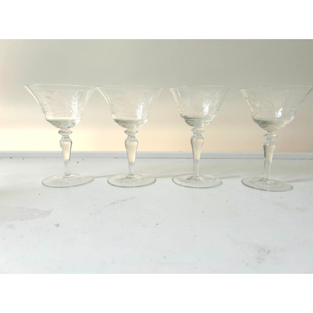 Vintage set of 4 clear etched floral design cocktail/ sherry glasses 3.75"D X 4.75"H