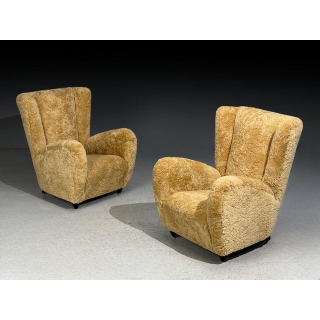 Mid-Century Modern Paolo Buffa Attrib., Beige Shearling, Wood, Lounge Chairs, Italy, 1950s For Sale - Image 3 of 14