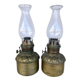 Antique Brass and Glass Chimney Oil Lamps - 2 For Sale