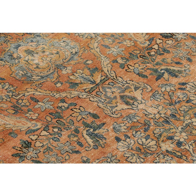 Textile Antique Kerman Lavar Orange-Brown and Blue Wool Persian Floral Rug For Sale - Image 7 of 8