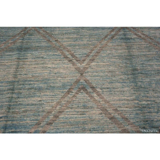 Light Blue Abrash And Brown Geometric Diamond Pattern Modern Rug For Sale In New York - Image 6 of 6