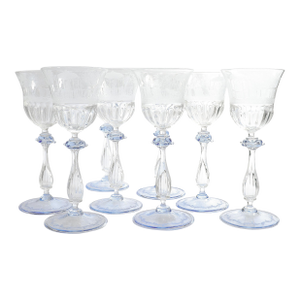 Luncheon Set of 8 Salviati Engraved Venetian / Murano Glass Wine Goblet Stems