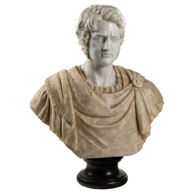 Roman Emperor Bust in White Marble and Flowery Alabaster For Sale