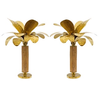 Mid-Century Modern Italian Brass and Rattan Palm Tree Lamps, 1970s, Set of 2 For Sale