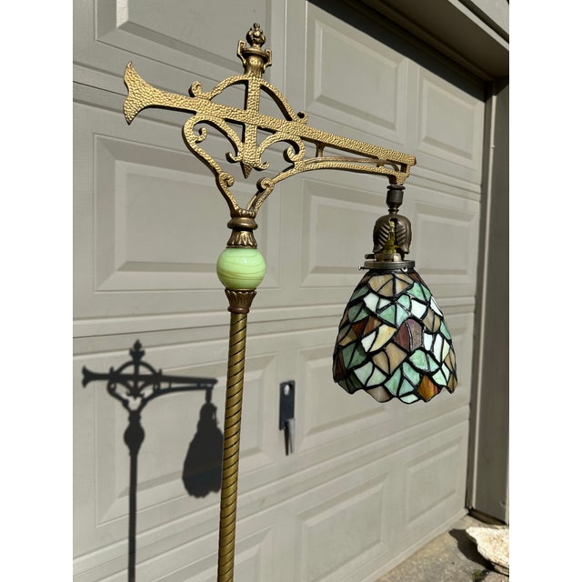 1920s Antique Art Deco Uranium Glass Jadeite Floor Lamp With Stained Glass Shade For Sale - Image 4 of 9