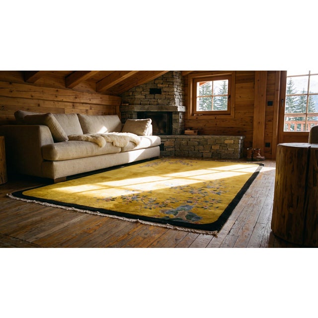 1920s Yellow Gold Open Field Floral Antique Chinese Art Deco Carpet 5'10" X 8'8" by Nichols Atelier Wool Rug For Sale - Image 10 of 12