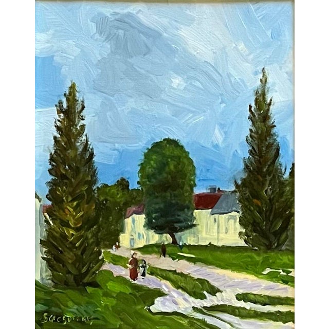 Oil painting on okoume board (similar to oak) of a French village scene with cypress trees, and passersby in the...