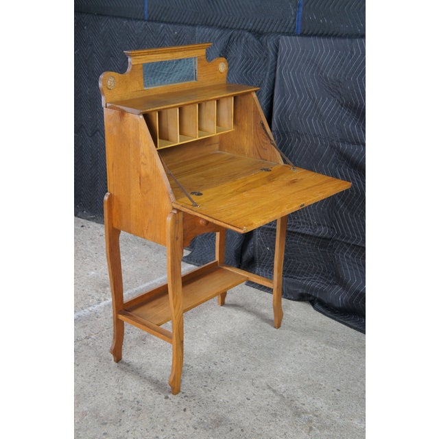 Antique Victorian Petite Oak Mirrored Slant Top Secretary Ladies Writing Desk For Sale - Image 14 of 14