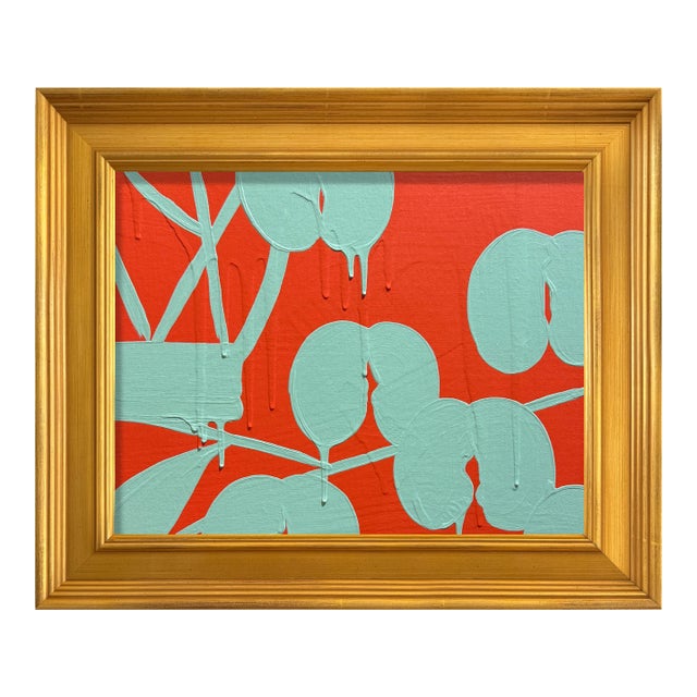 Bright Botanical Painting Titled Mini Orchid Still Life Orance Aqua by Ron Giusti For Sale