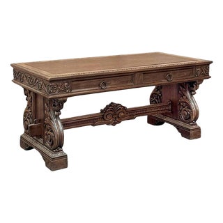 Antique Italian Renaissance Executive Desk With Faux Leather For Sale