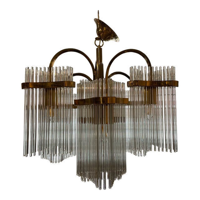1970s Vintage Arched Italian Gaetano Sciolari Chandelier With Glass Rods and Brass For Sale