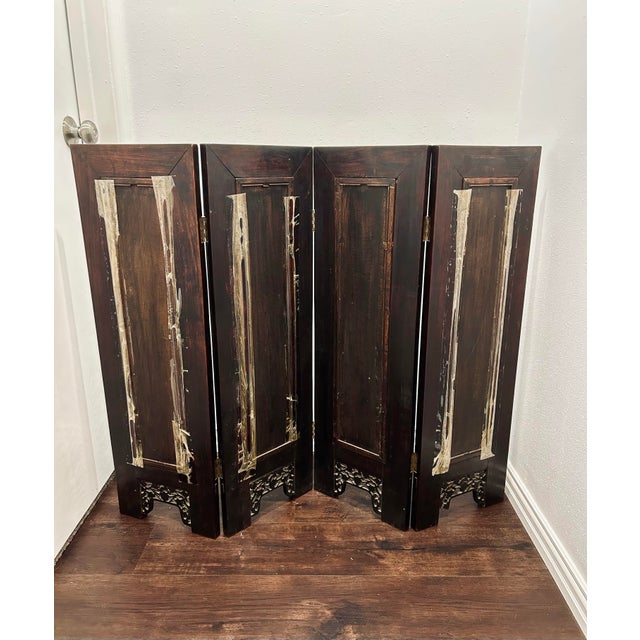 Early 20th Century Antique Chinese Carved Rosewood Folding Screen With Hand-Embroidered Silk Landscape Panels, Late Qing / Early Republic For Sale - Image 5 of 12