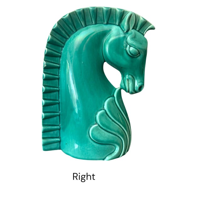Mid-Century Modern Pair of Art Deco Style Turquoise Ceramic Horse Bookends, 10” Sculptural Figures For Sale - Image 3 of 12